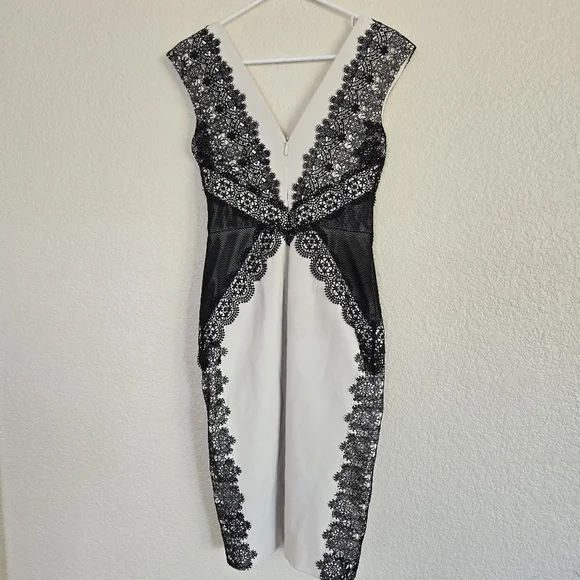 Catherine DeaneCap-Sleeve V-Neck Lace-Panel Sheath Dress, Oyster/Almond size 4 - Picture 10 of 12